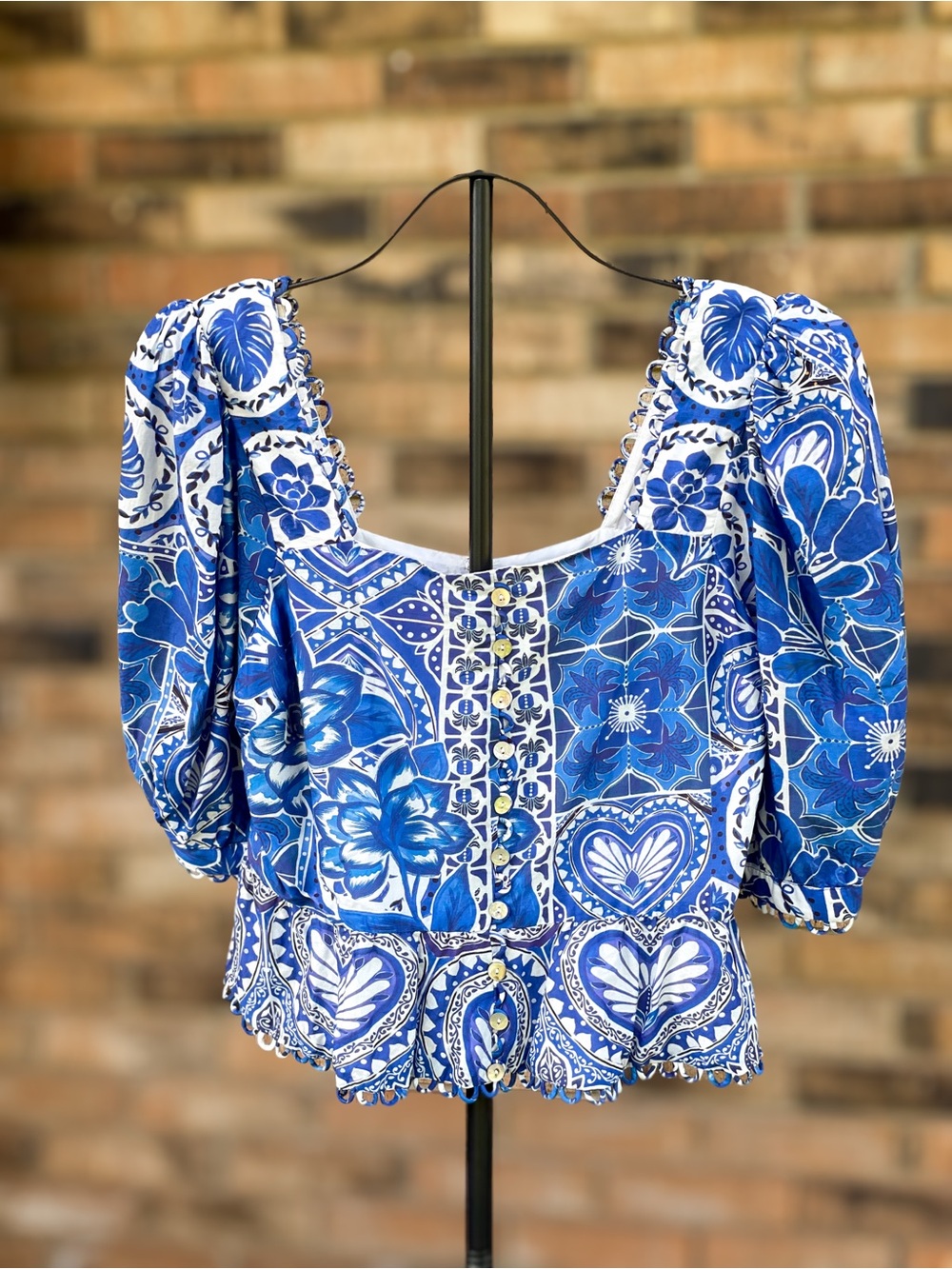 Farm Rio Tile Dream Short Sleeve Blouse Blue White Large